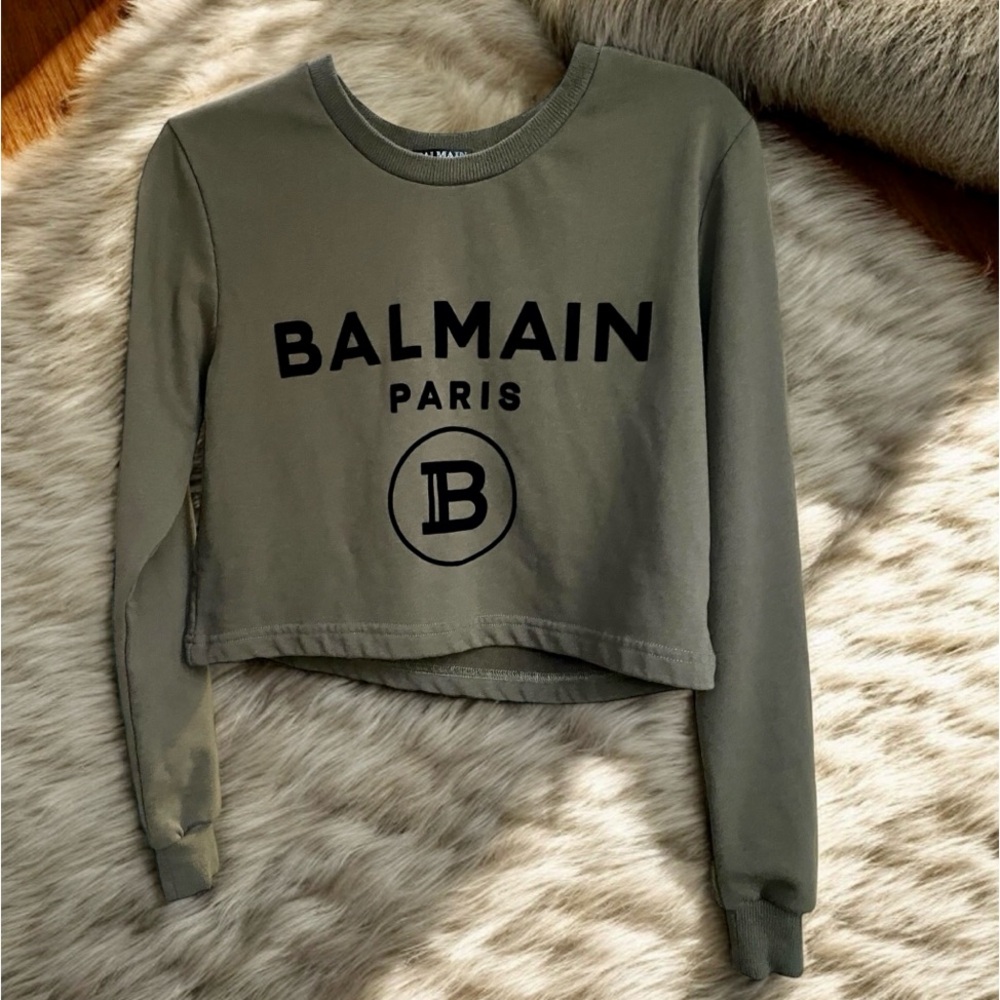 Balmain Paris Olive Green Pullover Sweatshirt